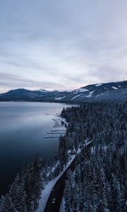 Preview wallpaper lake, mountains, winter, snow, road, top view