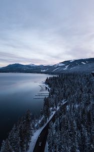 Preview wallpaper lake, mountains, winter, snow, road, top view