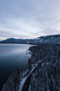 Preview wallpaper lake, mountains, winter, snow, road, top view