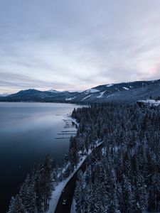 Preview wallpaper lake, mountains, winter, snow, road, top view