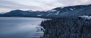 Preview wallpaper lake, mountains, winter, snow, road, top view