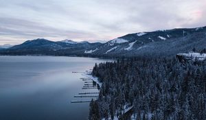 Preview wallpaper lake, mountains, winter, snow, road, top view