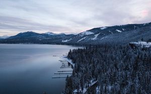 Preview wallpaper lake, mountains, winter, snow, road, top view