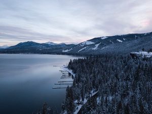 Preview wallpaper lake, mountains, winter, snow, road, top view