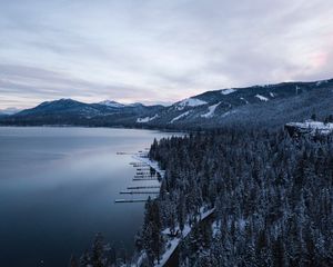 Preview wallpaper lake, mountains, winter, snow, road, top view