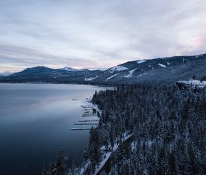 Preview wallpaper lake, mountains, winter, snow, road, top view