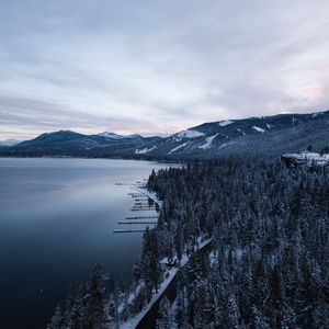 Preview wallpaper lake, mountains, winter, snow, road, top view