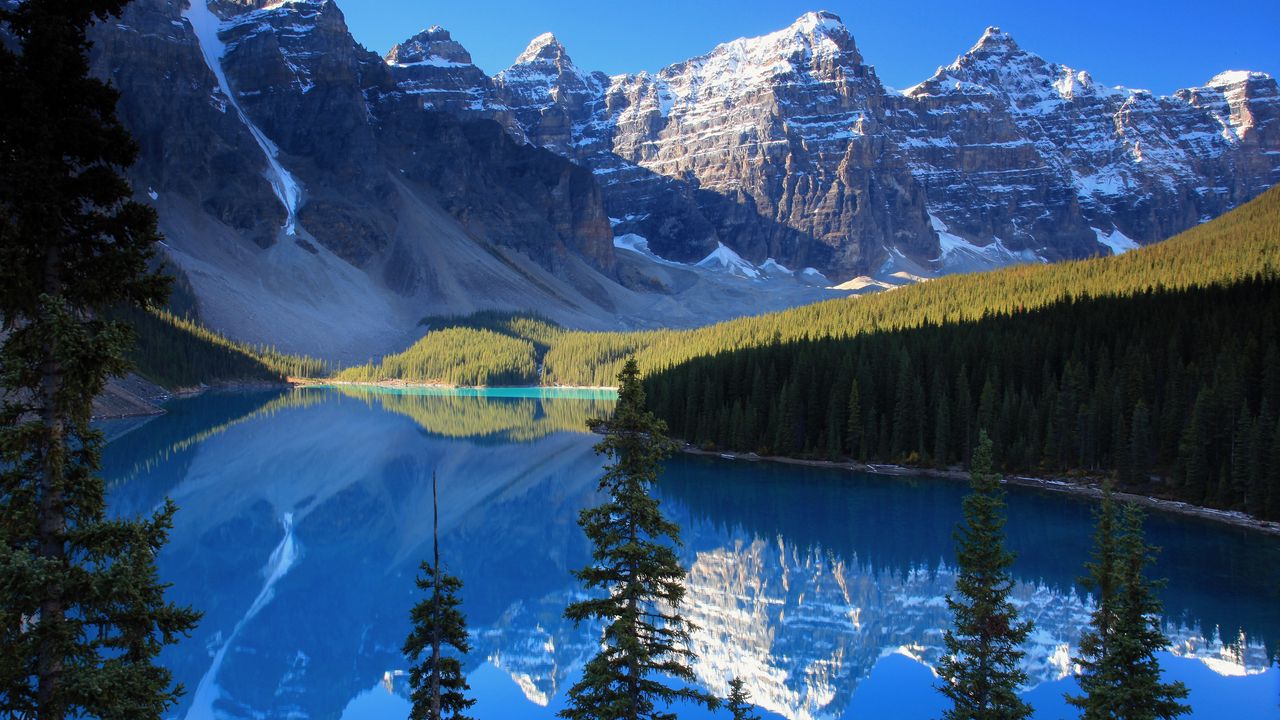 Wallpaper lake, mountains, wood, azure, shadows, cool, coniferous