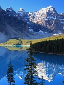 Preview wallpaper lake, mountains, wood, azure, shadows, cool, coniferous