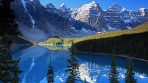 Preview wallpaper lake, mountains, wood, azure, shadows, cool, coniferous