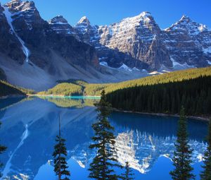 Preview wallpaper lake, mountains, wood, azure, shadows, cool, coniferous