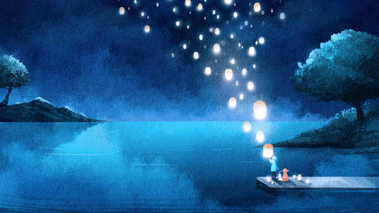 Wallpaper lake, night, lanterns, silhouette, art