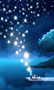 Preview wallpaper lake, night, lanterns, silhouette, art