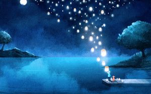 Preview wallpaper lake, night, lanterns, silhouette, art