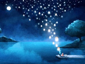 Preview wallpaper lake, night, lanterns, silhouette, art