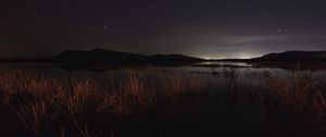 Preview wallpaper lake, night, starry sky, grass, darkness