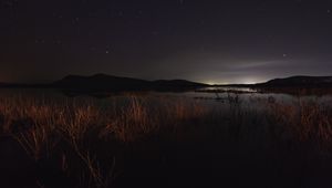 Preview wallpaper lake, night, starry sky, grass, darkness