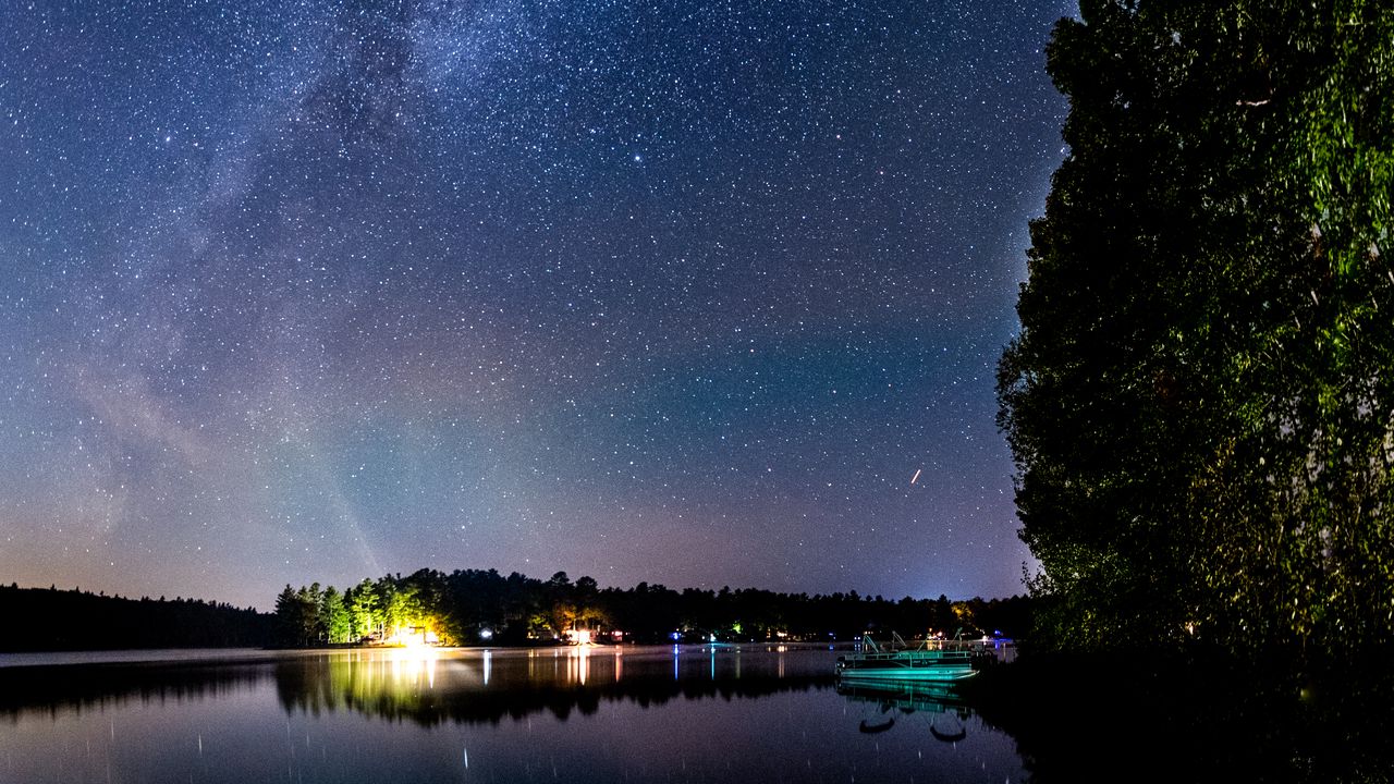 Wallpaper lake, night, starry sky, dark, landscape