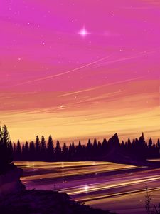 Preview wallpaper lake, night, starry sky, art, landscape