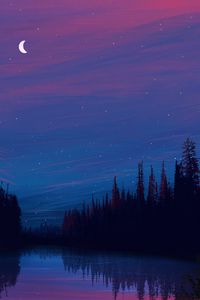 Preview wallpaper lake, night, starry sky, landscape, art