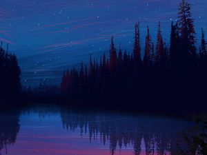 Preview wallpaper lake, night, starry sky, landscape, art