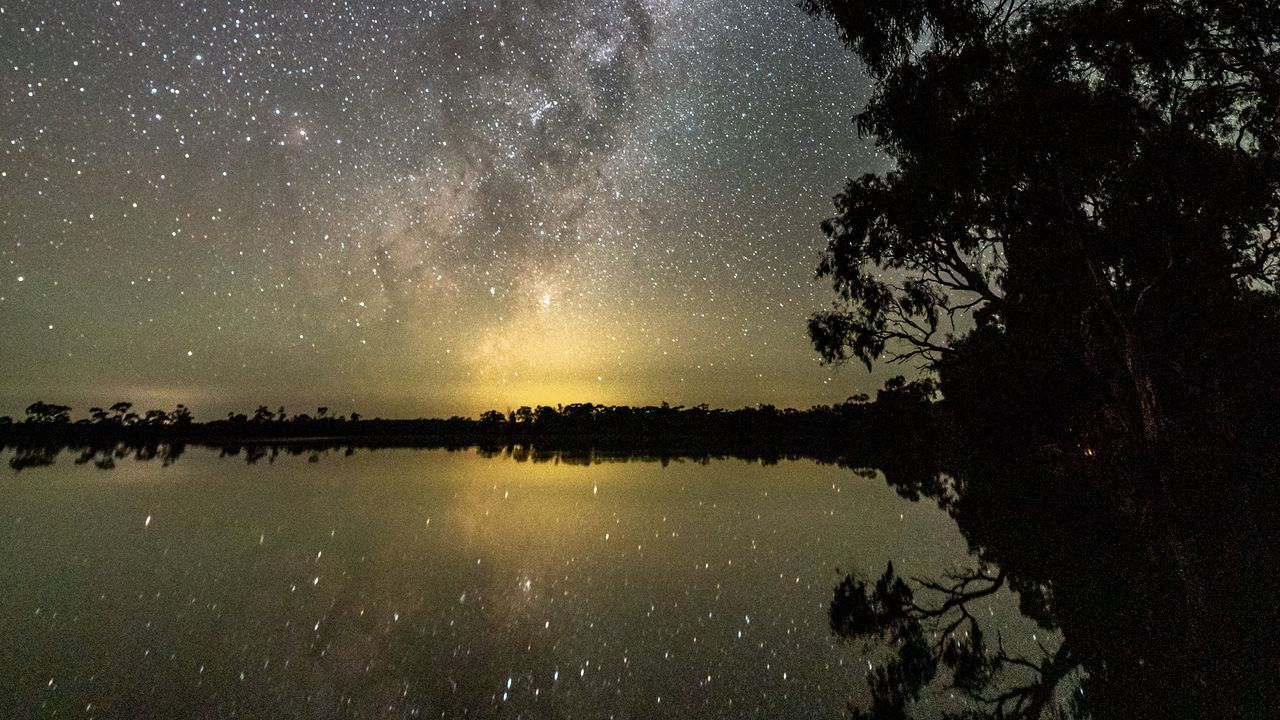 Wallpaper lake, northern lights, stars, night