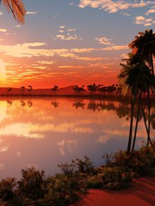 Preview wallpaper lake, palm trees, decline, sun, evening, orange, horizon