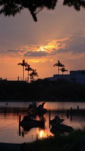 Preview wallpaper lake, palm trees, sunset, dusk, dark