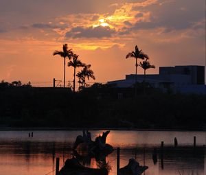 Preview wallpaper lake, palm trees, sunset, dusk, dark