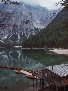 Preview wallpaper lake, pier, boats, mountain, trees, shore