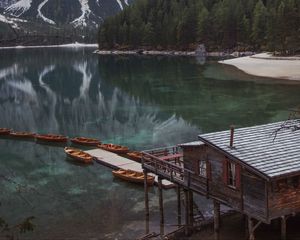 Preview wallpaper lake, pier, boats, mountain, trees, shore