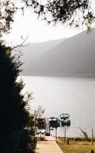 Preview wallpaper lake, pier, boats, shore, nature