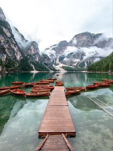 Preview wallpaper lake, pier, boats, mountains, fog