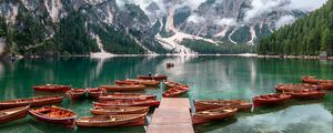 Preview wallpaper lake, pier, boats, mountains, fog