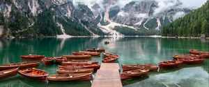 Preview wallpaper lake, pier, boats, mountains, fog