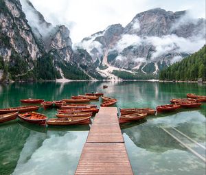 Preview wallpaper lake, pier, boats, mountains, fog