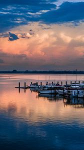 Preview wallpaper lake, pier, boats, twilight