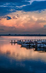 Preview wallpaper lake, pier, boats, twilight