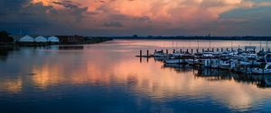 Preview wallpaper lake, pier, boats, twilight