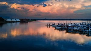 Preview wallpaper lake, pier, boats, twilight