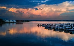 Preview wallpaper lake, pier, boats, twilight