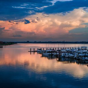 Preview wallpaper lake, pier, boats, twilight