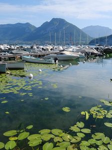 Preview wallpaper lake, pier, boats, mountains, water lilies, nature