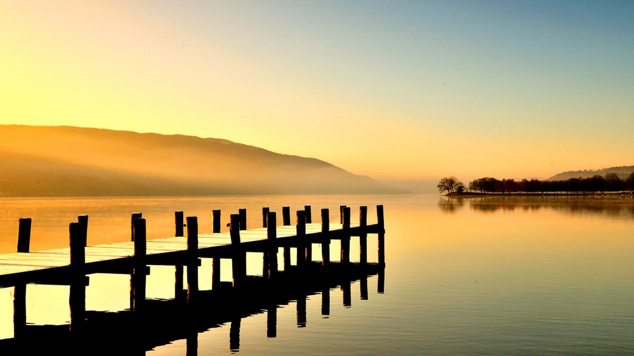 Wallpaper lake, pier, fog, sunset, dusk