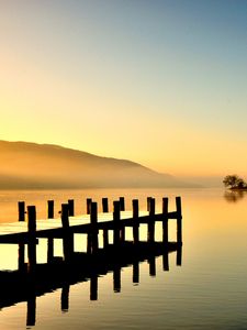 Preview wallpaper lake, pier, fog, sunset, dusk