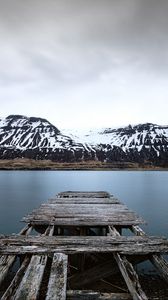 Preview wallpaper lake, pier, mountains, snowy, shore, landscape