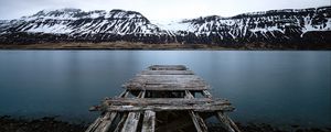 Preview wallpaper lake, pier, mountains, snowy, shore, landscape