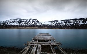 Preview wallpaper lake, pier, mountains, snowy, shore, landscape