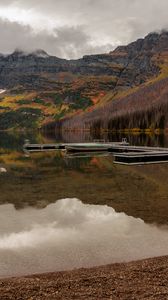 Preview wallpaper lake, pier, mountains, reflection