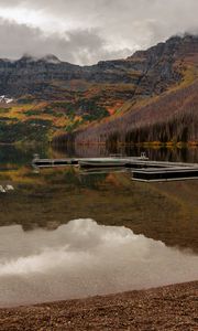 Preview wallpaper lake, pier, mountains, reflection